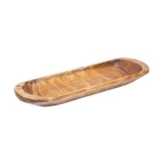 a wooden boat shaped tray on a white background