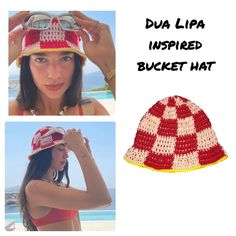 Handmade Checkered Crochet Bucket Hat, inspired by the one Dua Lipa has been seen wearing. Made with 100% acrylic yarn. The checkered pattern includes the colors Red and pink with a yellow trim. Fits most head sizes. Please note that this is a handmade, made to order item and might take 5-7 days to ship out. Bucket Hat Aesthetic, Checkered Bucket Hat, Checkered Crochet, Crochet Checkered, Headband Ideas, Hat Aesthetic, Yellow Trim, Crochet Bucket, Crochet Bucket Hat