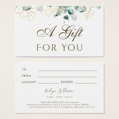 a gift for you card with watercolor flowers and leaves on the front, in gold foil