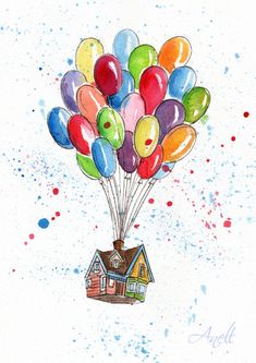 a drawing of a house with balloons floating in the air