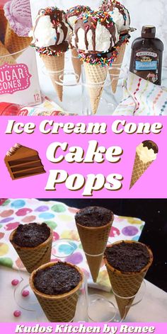 ice cream cone cake pops with chocolate frosting and sprinkles on top