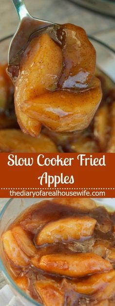 slow cooker fried apples with caramel sauce in a glass bowl and on a spoon