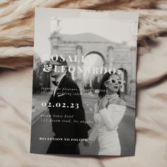 a black and white photo of a man and woman on a wedding card with the words bosali e leon rido