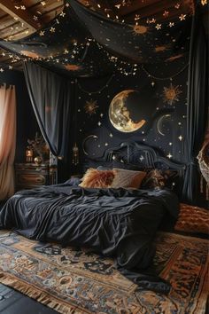 a bed room with a neatly made bed and stars on the ceiling