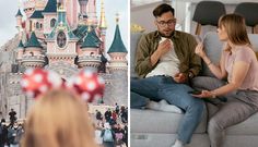 people sitting on couches in front of a castle and an image of a man eating food