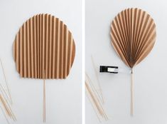 two pictures one with a fan and the other with sticks sticking out of it's sides