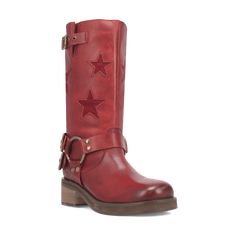 The Blacklist leather boot from Dingo1969 exudes cool girl vibes, showcasing suede star inlays, rebel harness detailing, and adjustable double straps that effortlessly captures attention. Embody a biker chic aesthetic featuring a round toe and 2- inch urban block heel. Biker Boots Aesthetic, Tall Red Boots, Moto Boho, Urban Block, 70s Boots, Skz Concert, Statement Boots, Red Leather Boots