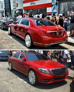 two pictures of red cars parked in front of a building and people standing around them