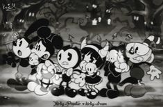 mickey mouse and other cartoon characters in black and white