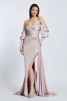 Alexandra Blush Pink Gown Split Dress Formal, High Split Dress, Off Shoulder Gown, Evening Dresses Online, Cheap Evening Dresses, Pink Gowns, Pretty Prom Dresses, Split Dress, Ruched Bodice