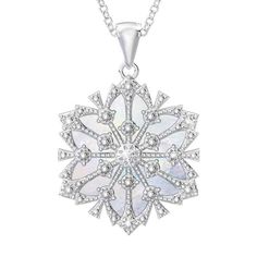 The perfect gift for your granddaughter this holiday season…This captivating silver-plated snowflake pendant is accented with a dazzling diamond and paired with the icy splendor of mother-of-pearl.The reverse reveals your inspiring message, “My granddaughter, you are one of a kind."The pendant arrives ready to wear on a matching 18" chain, and an elegant keepsake pouch, designed for unforgettable gift-giving, is included at no additional charge. Elegant Silver Snowflake Necklace, Silver Snowflake Necklace Elegant Style, Elegant Silver Holiday Jewelry, Silver Snowflake Necklace For Anniversary, White Snowflake Jewelry For Anniversary, Elegant White Christmas Jewelry, Elegant White Jewelry For Christmas, Elegant Silver Necklace For Winter, Elegant Holiday Snowflake Necklace