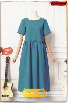 Solid Ruched Round Neck Short Sleeve Casual Cotton Midi Dress Casual Cotton Pleated Maxi Dress, Casual Solid Color Pleated Maxi Dress, Casual Solid Pleated Maxi Dress, Relaxed Fit Ruched Knee-length Dress, Ruched Relaxed Fit Knee-length Dress, Knee-length Ruched Relaxed Fit Dress, Relaxed Fit Knee-length Ruched Dress, Casual Pleated Cotton Midi Dress, Casual Pleated Maxi Dress For Daywear