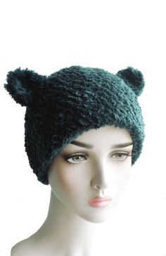 Very soft, fluffy hat with teddy bear ears, crocheted by me from dark green polyester yarn. Winter Beanie With Ears, One Size Fits Most, Cute Winter Hat With Short Brim, Winter Hats With Ears, One Size Fits Most, Winter Bonnet With Ears, Adjustable Knitted Winter Costume Hats And Headpieces, Adjustable Knitted Costume Hats And Headpieces For Winter, Green Brimmed Winter Costume Hats, Green Winter Costume Hats And Headpieces, Fun Green Crochet Hat For Winter