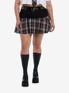 Finally  an edgy mini skirt perfect for summer. This Social Collision mini has a black yoke  red and black plaid ruffles and a raw hem. The skirt comes with a removable faux leather studded belt  and has pockets.97% rayon; 3% spandexBelt: polyurethaneWash cold; dry lowLength: 20''Belt includedImportedModel is 5'10''Model wears size 1 Punk Style Mini Bottoms For Fall, Edgy Cotton Skirt For Fall, Trendy Cotton Skirt For Alternative Fashion, Mini Skirt For Alternative Fashion In Fall, Edgy Tiered Mini Skirt For Summer, Casual Mini Skort For Alternative Fashion, Fall Punk Mini Skirt Bottoms, Punk Style Cotton Mini Skirt For Summer, Punk Style Cotton Skirt For Fall