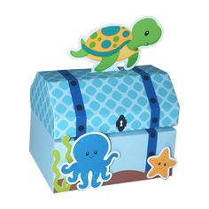 a blue box with an octopus and turtle on top