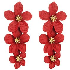 Red Triple Flower Earrings Approximately 2.75 Inches Long Red With Gold Metal Alloy Post Earrings Most Of My Other Earrings Are Dangle Types That Can Be Upgraded To Solid Sterling Silver Or 14k Gold Filled Wires So If You Have Sensitive Ears Like Me, Check My Other Items For That Type. I Have A Background In Jewelry Design In Nyc And I Buy My Ear Wires From A Legitimate Metal Source Jewelry Supplies Company. I Can't Wear Metals Other Than Stainless Steel, Gold Or Real 925 Sterling, Or Else I Get Spray Paint Flowers, All Things Red, Color Spray, The Color Red, Fashion Painting, Flower Earrings Studs, Coat Women, Flower Studs, Blossom Flower