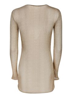 An essential piece exuding elegance and luxury with its metallic ribbed jersey fabric and form-fitting cut that enhances the silhouette. Elegant Stretch Gold Top, Elegant Gold Stretch Top, Stretch Ribbed Evening Tops, Fitted Ribbed Tops For Evening, Fitted Ribbed Evening Tops, Metallic Stretch Elegant Tops, Elegant Metallic Stretch Top, Ribbed V-neck Top For Parties, Party Ribbed V-neck Top