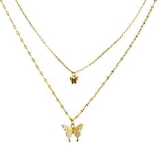 Fluttering Elegance: Gold Butterfly Two Layer Necklace Elegant Diamond Butterfly Charm Necklace, Elegant Diamond Butterfly Necklace With Charm, Elegant Cubic Zirconia Butterfly Necklace With Clavicle Chain, Elegant Cubic Zirconia Butterfly Pendant Necklace, Elegant Butterfly Necklace With Cubic Zirconia, Elegant Cubic Zirconia Butterfly Necklace, Butterfly-shaped Cubic Zirconia Necklace, Luxury Butterfly Necklace With Diamond Accents, Fine Jewelry Cubic Zirconia Necklace With Butterfly Charm