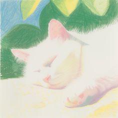 a pastel drawing of a white cat sleeping on a blanket with green leaves in the background