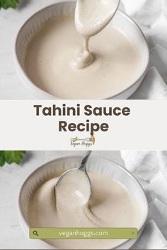 a spoon full of tahini sauce in a white bowl on top of a table