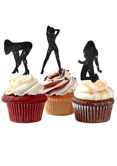 three cupcakes with the silhouettes of two women and one man on top