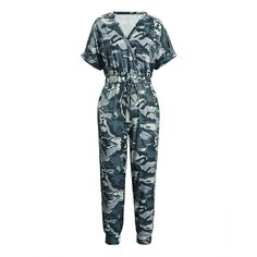 Women's 2024 V-Neck Camouflage Print Short Sleeve Jumpsuit Overall One Piece Casual Camouflage Jumpsuits And Rompers For Spring, Casual Camouflage Jumpsuit For Spring, Camouflage Jumpsuits And Rompers For Summer, Men Jumpsuit, Short Sleeve Jumpsuit, Women Jumpsuit, Flag Outfit, Cheap Clothing, Short Sleeve Jumpsuits