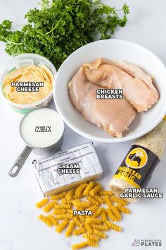 ingredients to make chicken parmesan pasta laid out on a white counter with text overlay