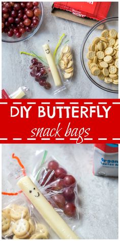 some snacks and crackers on a table with the words, diy butterfly snack bags