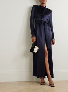 GALVAN Belted satin trench coat | NET-A-PORTER Satin Trench Coat, Galvan London, Denim Flats, Blue Trench Coat, Sport Swimwear, Maxi Dress Navy, Skirt Top, Jeans Dress, Net A Porter