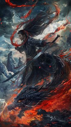 Hmong man in black, big long sword, long hair, long red scarf, fight with a black dragon, in heaven, fire, red splash, photorealistic. Gundam Seed, Long Red, Black Dragon, Red Scarves, Black Men, Long Hair Styles