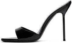 Patent leather slip-on heeled sandals in black. · Open toe · Strap at vamp · Logo stamp at padded leather footbed · Metal stiletto heel with rubber injection · Patent leather sole · Heel: H4 Supplier color: Black Sleek High Heel Mules With Leather Sole, Black Heels With Sculpted Heel And Single Toe Strap, Luxury Mules With Deep Heel Cup For Night Out, Luxury Black High Heel Mules, Sleek Open Heel Heels With Leather Sole, Black Patent Leather Mules With Sculpted Heel, Black Patent Leather Mules With Open Heel, Black Patent Leather Open Heel Mules, Black Open Heel Patent Leather Mules