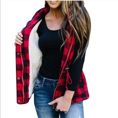 New Buffalo Plaid Warm Vest Hoodie Sherpa Fleecelining Buffalo Plaid Cardigan, Buffalo Plaid Jacket, Buffalo Plaid Vest, Sleeveless Vest Jacket, Casual Winter Coat, Puffer Coats, Winter Plaid, Hoodie Vest, Plaid Vest