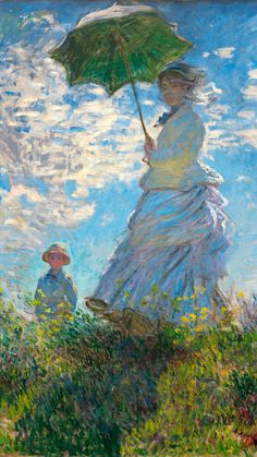 a painting of a woman and child on a hill with blue sky in the background