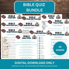 the bible quiz game is shown on a wooden table with text that reads, digital printable