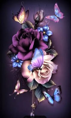 purple roses and butterflies on a black background