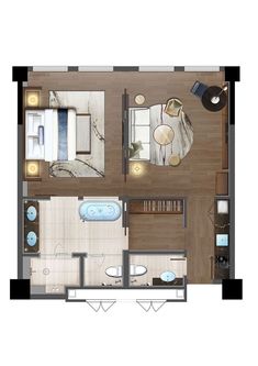 an overhead view of a bedroom and living room in a small apartment with wood flooring