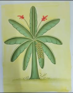 a painting of a green palm tree with red flowers on it's leaves and branches