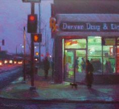 an oil painting of people walking down the street in front of a store at night