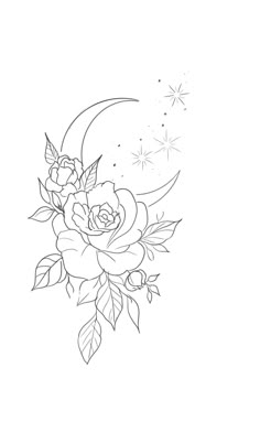 a drawing of a rose and the moon with stars in the sky behind it on a white background