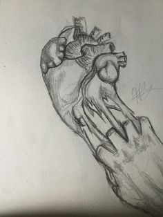 a pencil drawing of a hand holding a heart