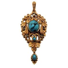 Textbook gold Art Nouveau pendant highlights a matrix turquoise, five small rose diamonds, a small round turquoise at the central ribbon swirl and a lovely oval turquoise drop. The entire pendant is edged with granulation. We get the sense that the pendant expands past its frame. This is a necklace to be given and worn with pride. A period chain is available and sold separately. Alternatively, this pendant can be worn on a variety of ribbons and tied to the desired length.English c. 1895-1915. W Art Nouveau Peacock, Diamond Gold Pendant, Art Nouveau Pendant, Peacock Pendant, Pearl Jewelry Design, Art Nouveau Jewelry, Diamond Gold, Drop Necklace, Jewelry Creation