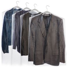 three jackets hanging on clothes hangers in front of a white background with an image of two men's shirts and one man's jacket