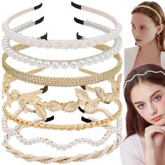 PRICES MAY VARY. 【More Combinations】You will receive 7 pieces headbands in 7 different shapes including 3 pieces gold metal hedband and 4 pieces pearl headbands, liberal quantity can meet your requirements as much as possible and different shapes can be matched for various hair style on different occasion. 【Sturdy Material】Pearl Headbands are made of artificial pearl, alloy and rhinestones, which are durable, bling and will last for long time to daily use. 【Size Information】These hairbands measu Metal Headband, Bridal Wedding Hair, Metal Headbands, Hair Hoop, Hair Claws, Pearl Headband, Hair Hoops, Leaf Decor, Hair Claws & Clips