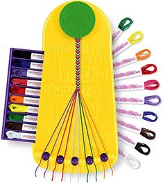 an assortment of crochet hooks in a yellow case