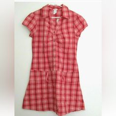 Sweet And Sassy Button Front Shirt Dress From Maurices, Size 11/12. Button Down Front, Wide Doubled Belt Loops In The Front - There Aren't Any Belt Loops In The Back So These Are Probably Just For Added Deco. Pleated Cap Sleeves, Ruffled Vneck Front. Pink And Red Plaid. 100% Crisp Cotton - This Dress Is Like Wearing His Favorite Dress Shirt, In A Dress! Length Is About 36" Underarms Laid Flat Is About 18" Waist Laid Flat 17" Red Collared Shirt Dress For Summer, Red Buttoned Shirt Dress For Summer, Casual Red Shirt Dress, Red Cotton Shirt Dress For Spring, Casual Red Shirt Dress For Daywear, Casual Pink Shirt Dress With Buttons, Red Cotton Shirt Dress For Summer, Casual Red Shirt Dress For Summer, Casual Plaid Dress With Buttons