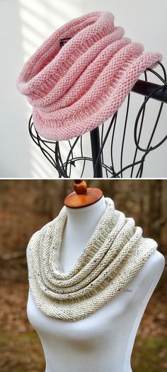 two different types of knitted scarves on mannequins, one in pink and the other in white