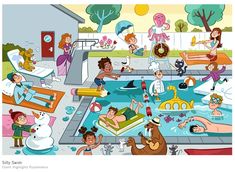 an image of children playing in the pool with their parents and grandparents illustration by person