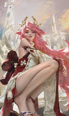 a painting of a woman with pink hair and horns on her head sitting in high heels