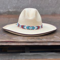 Beaded Hat Band,Hatband, Hat Accessory, Leather Ties, Brown, Turquoise and Cream, Mayan Design, Handmade in Guatemala 7/8 Inches x 21 Inches Mayan Design, Beaded Hat Bands, Native American Beadwork Patterns, Diy Projects To Sell, Beaded Hat, Aztec Fashion, Native American Beadwork, Beadwork Patterns, Western Jewelry