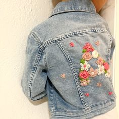 Completely hand embroidered lettering on a denim jacket. You can choose jacket and thread colors. Kids Jeans Jacket, Jacket Designs, Embroidered Lettering, Toddler Girl Gifts, Embroidered Denim Jacket, Embroidery On Clothes, Thread Colors, Princess Girl, Jeans Jacket